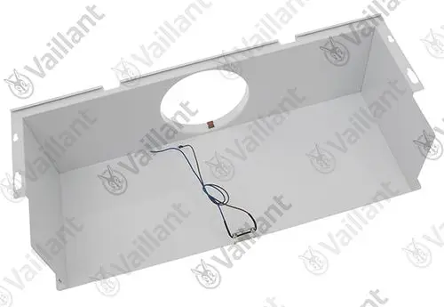 Weiße Abdeckung für Vaillant-Gerät mit Durchlass, Kabel und Anschluss. Innenraum für Schutz und Sicherheit der Komponenten.